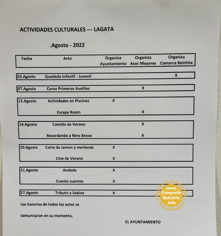 Actividades culturales Agosto Lagata